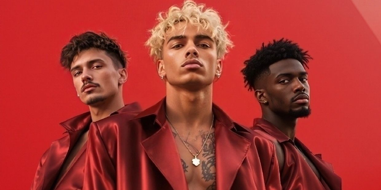 An alt-rock band wearing red silk oversized shirts posing in front of a red wall.