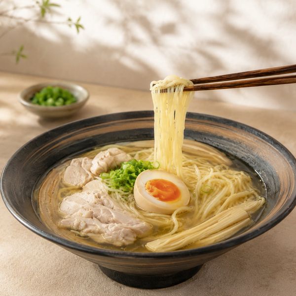 Chopsticks lifting noodles from ramen bowl.