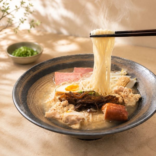Steaming bowl of ramen with noodles lifted by chopsticks.