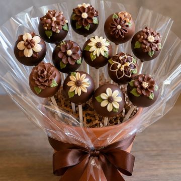 Chocolate cake pops decorated with intricate floral designs, arranged like a bouquet.