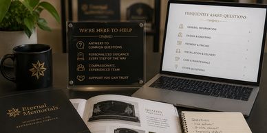 Workspace with Eternal Memorial materials and FAQs.