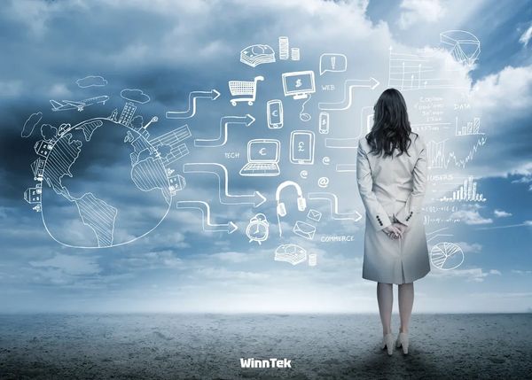 Businesswoman analyzing global tech and commerce data with digital illustrations.