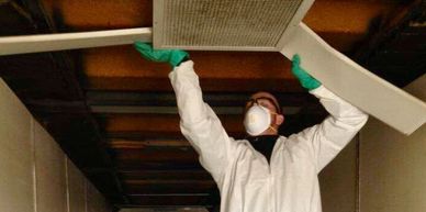 Person in protective gear removing ceiling panel during inspection.