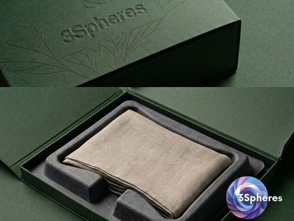 Luxury packaging box for 3Spheres with a fabric item inside.