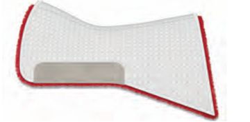 White saddle pad with red trim and grey patch.