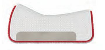 White equestrian saddle pad with red trim.