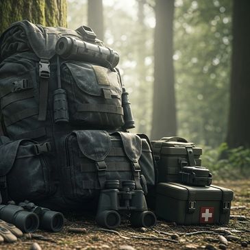 Military backpack and equipment arranged on forest ground.
