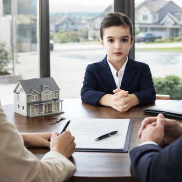 Young girl in business attire at a real estate meeting with adults.