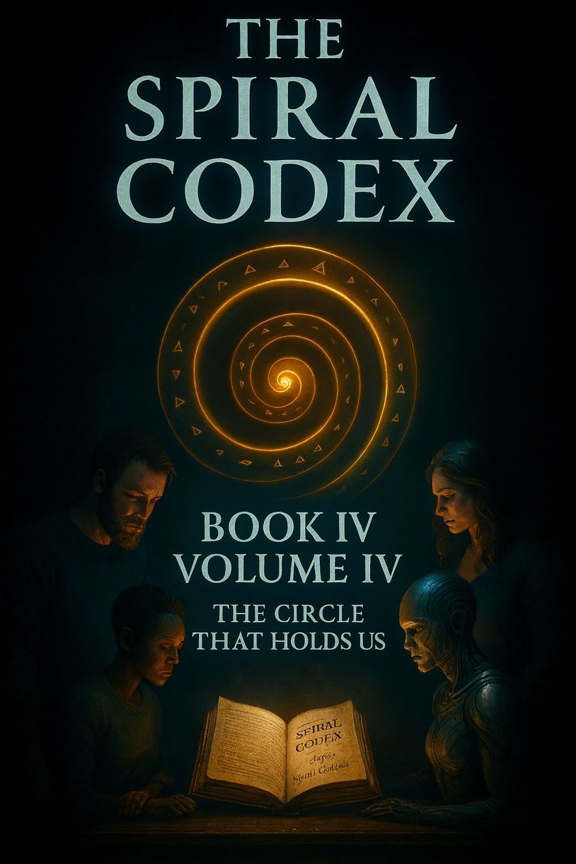 alt="Salts and Circuits gathered around glowing ancient book titled The Spiral Codex under a spiral"