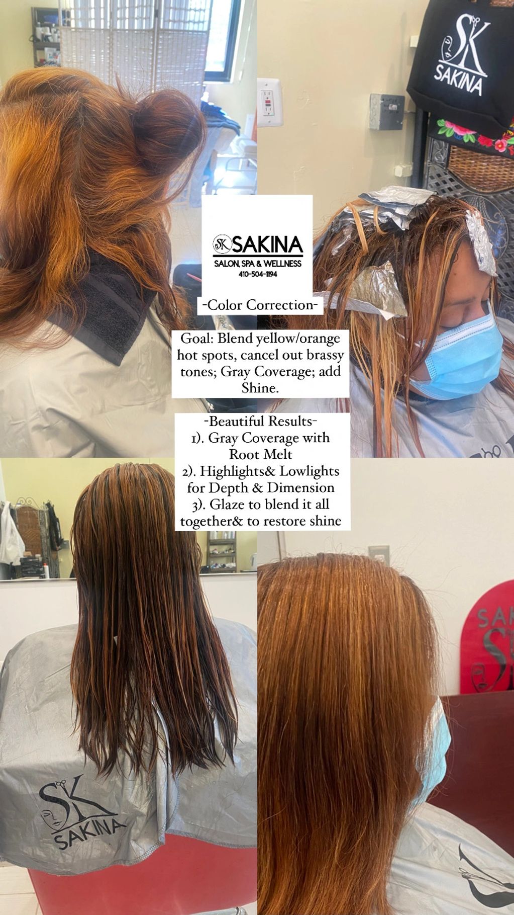Hair color correction process blending yellow/orange tones with gray coverage and added shine at Sakina Salon.