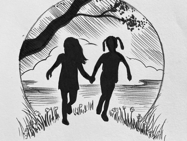 Silhouettes of two children holding hands and running outdoors under a tree.