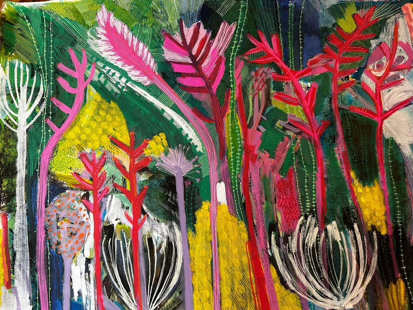 Coastal forms series : no. 9 Abstract painting of colourful plants with red, pink, and yellow accents on a green background.