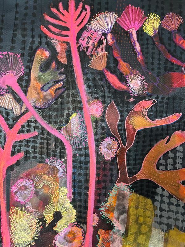 Abstract underwater painting with vibrant neon coral and intricate black and white seaweed  patterns
