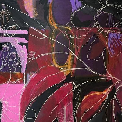 Abstract painting with bold reds, purples, and black, featuring white line floral sketches.