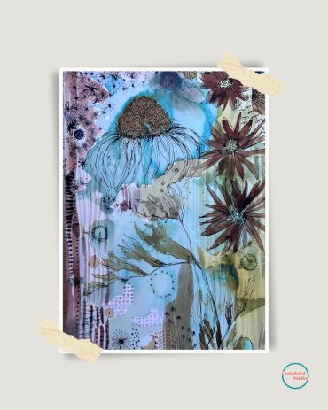 Abstract floral watercolor painting in soothing blues and browns.