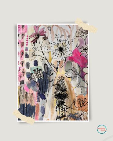 Abstract floral and nature collage with mixed media elements.