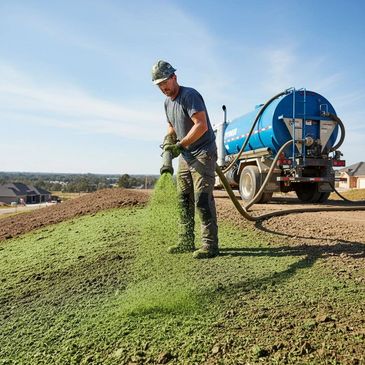 Worker spraying green hydroseeding mixture on soil for landscaping.