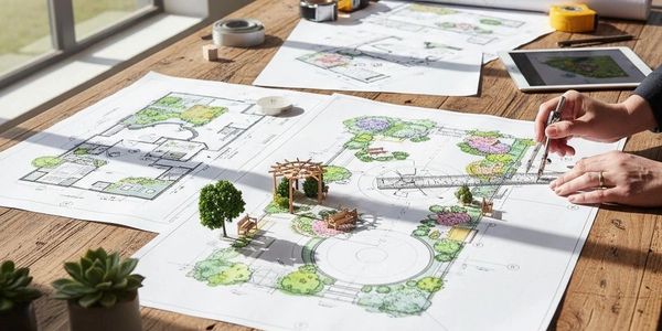Architect working on detailed landscape design plans with miniature models.