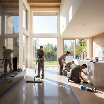 Four workers cleaning a bright, spacious modern living area with large windows.