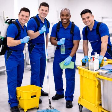 Four happy janitors in blue uniforms with cleaning tools and supplies.