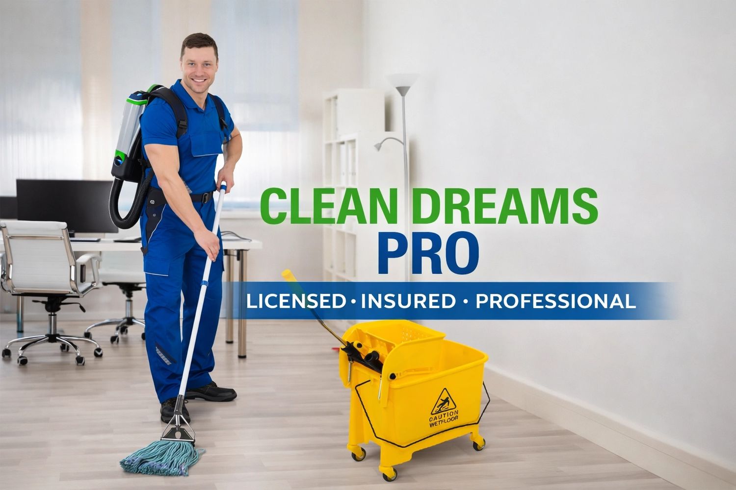 Professional cleaner mopping office floor with equipment and caution sign.