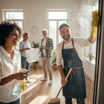 A group of diverse adults happily cleaning a bright room together.