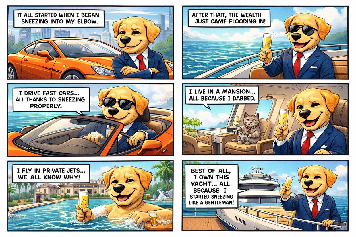 A dog enjoys wealth and luxury after sneezing properly.