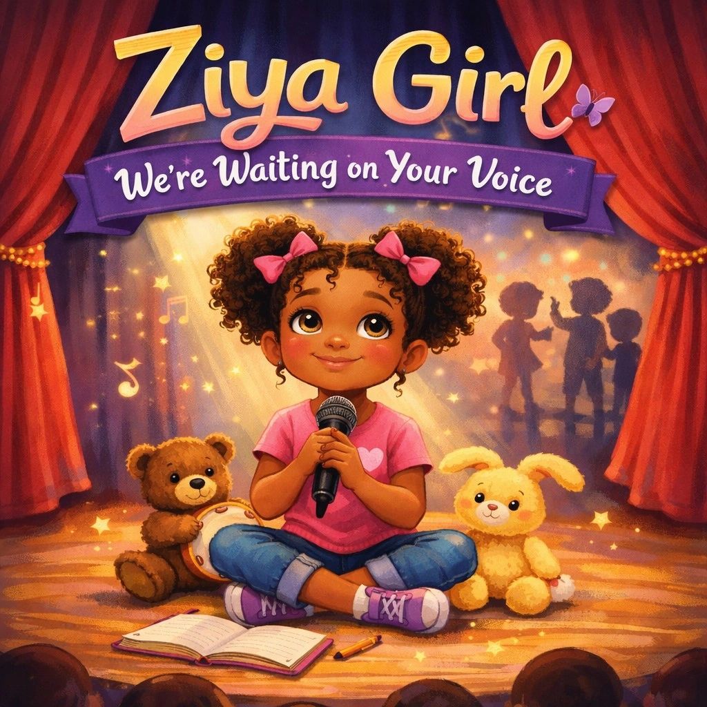 A young girl with a microphone sits on stage with toys and a notebook, ready to sing.