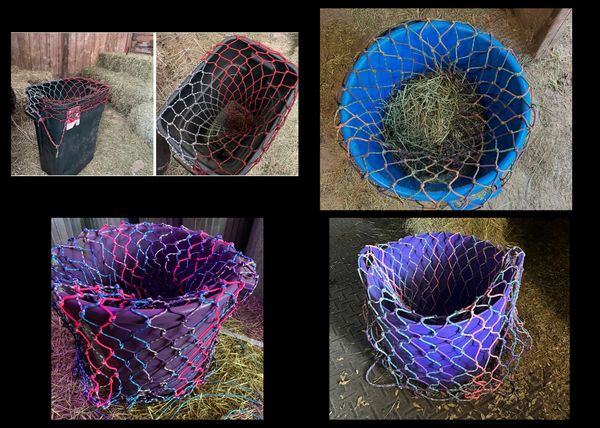 Various containers wrapped with colorful netting, filled with hay.