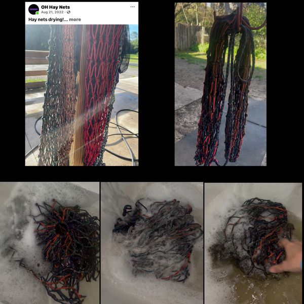 Hay nets hanging to dry and being washed in soapy water.