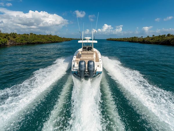 A motorboat speeds through a narrow waterway under a sunny sky.