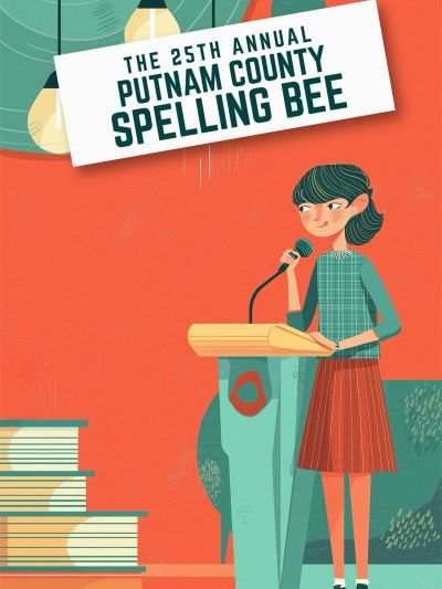 Illustration of a girl at a podium for the Putnam County Spelling Bee.