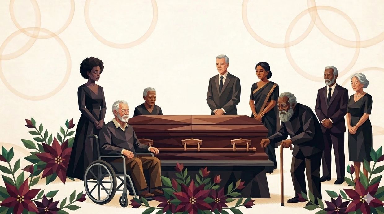 Diverse group of mourners gathered at a non-religious funeral service, representing an inclusive humanist funeral ceremony in Kent.