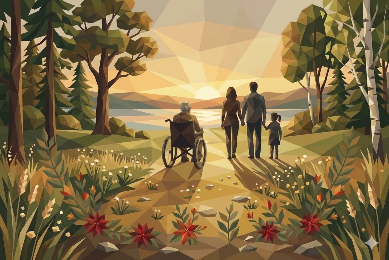 Geometric art of a family and an elderly person in a wheelchair watching sunset by a lake.