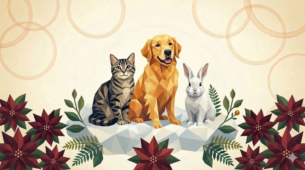Geometric illustration of a cat, dog, and rabbit surrounded by flowers and leaves.