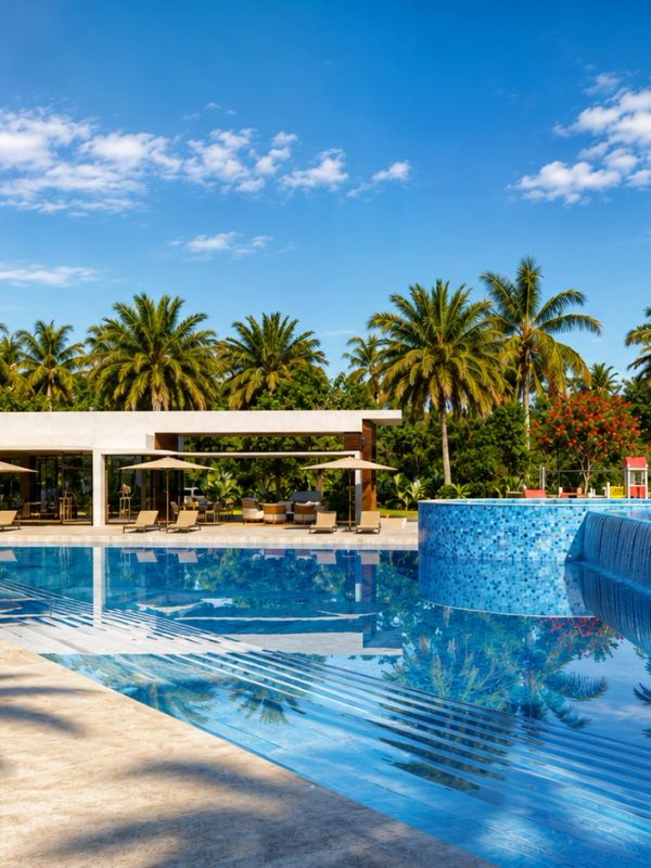 Piscina grande con palmeras y cielo despejado.