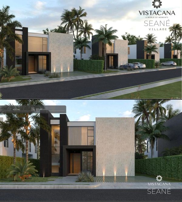 Casas modernas en Vistacana Seané Village con diseño elegante y palmeras.