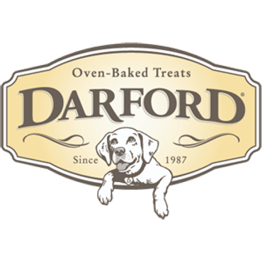Darford logo with a dog illustration and text about oven-baked treats.