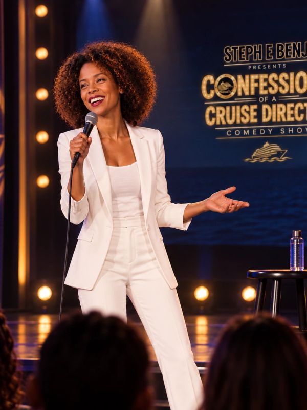 Comedian performing on stage in white suit.