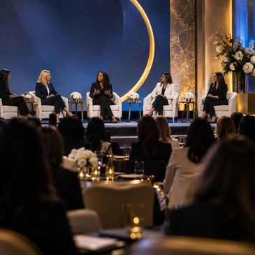 Panel discussion with five women on stage in a conference setting.