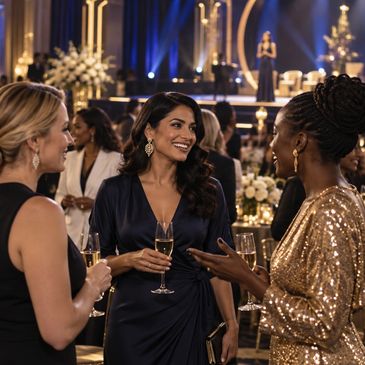 Three women dressed elegantly, chatting and holding champagne glasses at a formal event.