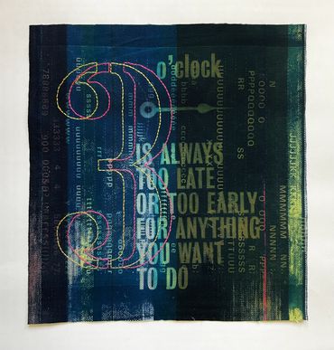 Quotation about three o'clock. Cyanotype print on fabric, machine embroidery.