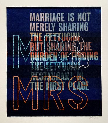 quote about marriage, cyanotype print on fabric, embellished with hand embroidery