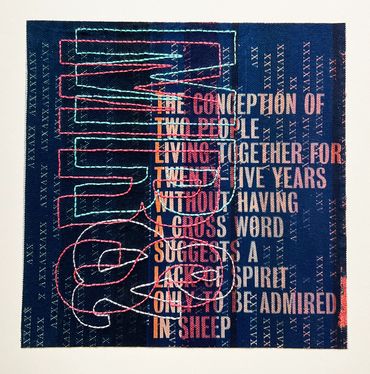 quote about marriage, cyanotype print on fabric, embellished with hand embroidery