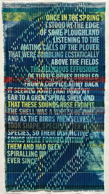 Quotation about the formation of fossils, cyanotype print on fabric, machine embroidery.