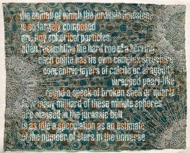 Text on the formation of jurassic limestone. Cyanotype print on fabric with hand embroidery.