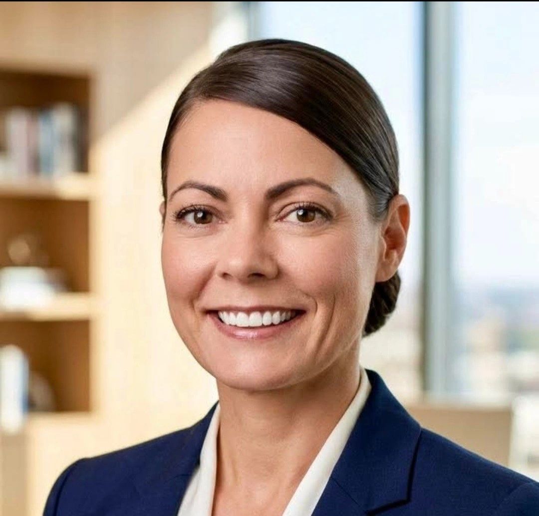 Professional woman smiling in office setting.