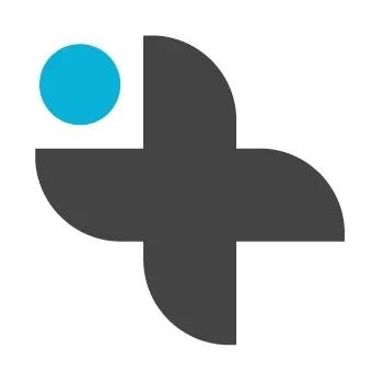 Abstract logo with a blue circle and black curved shapes.