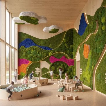 colorful moss walls for children’s playroom interior