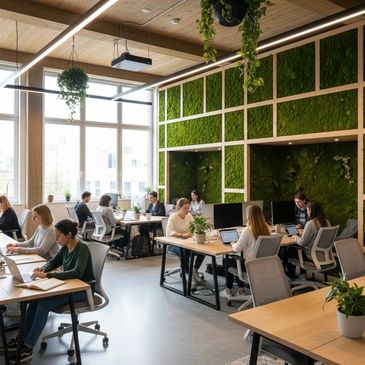 green moss walls in coworking space